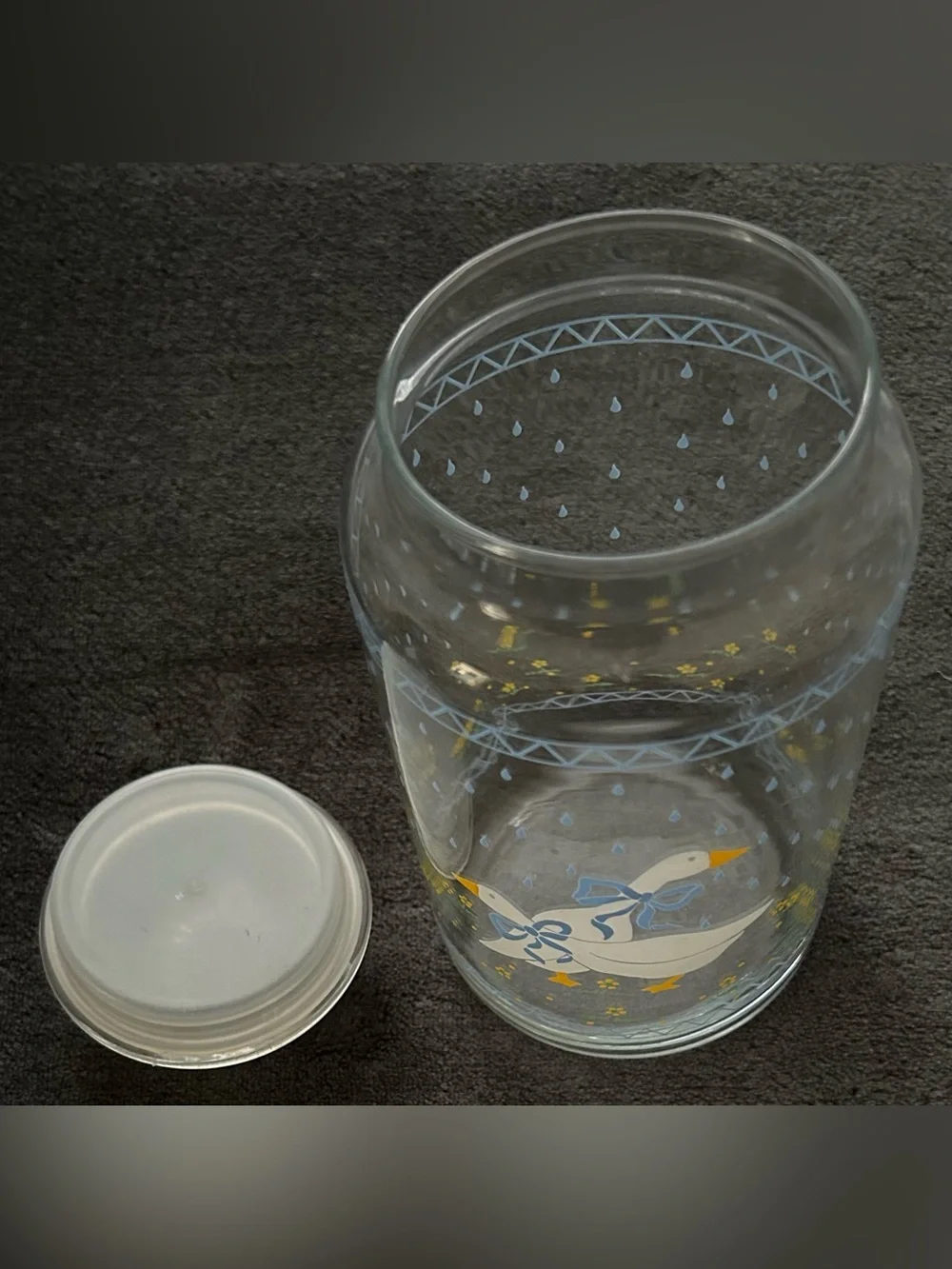Cottage Core Clear Glass Storage Jar with White Duck Design - Blue Accents
